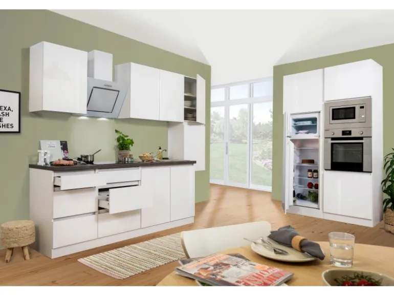 Respekta Premium Küchenzeile Grifflos 385 cm Weiß Hochglanz-Weiß