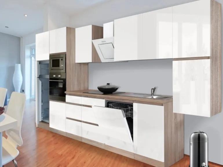 Respekta Premium Küchenzeile Grifflos 395 cm Weiß Hochglanz-Eiche Sägerau