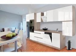 Respekta Premium Küchenzeile Grifflos 395 cm Weiß Hochglanz-Eiche Sägerau