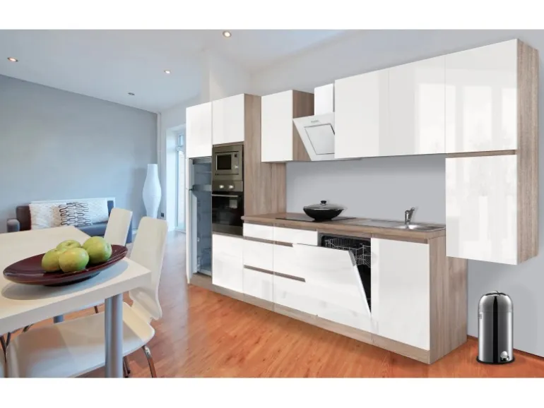 Respekta Premium Küchenzeile Grifflos 395 cm Weiß Hochglanz-Eiche Sägerau