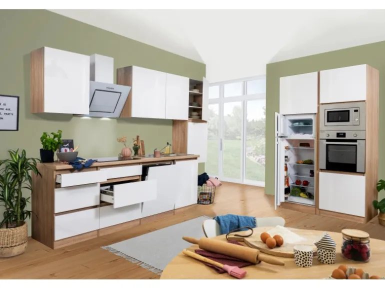 Respekta Premium Küchenzeile Grifflos 395 cm Weiß Hochglanz-Eiche Sägerau