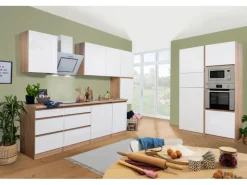 Respekta Premium Küchenzeile Grifflos 395 cm Weiß Hochglanz-Eiche Sägerau