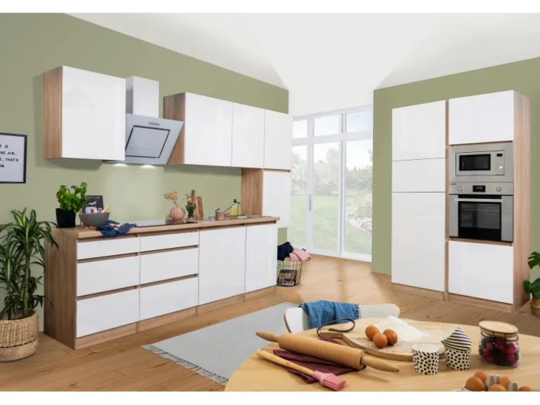 Respekta Premium Küchenzeile Grifflos 395 cm Weiß Hochglanz-Eiche Sägerau