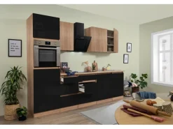 Respekta Premium Küchenzeile GLRP280HESSOES Grifflos 280 cm Schwarz Eiche NB