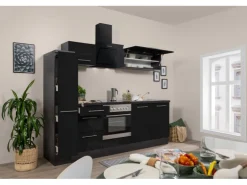 Respekta Premium Küchenzeile 240 cm Schwarz Hochglanz-Eiche Grau