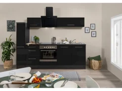 Respekta Premium Küchenzeile 240 cm Schwarz Hochglanz-Eiche Grau