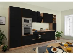Respekta Premium Küchenzeile Grifflos 385 cm Schwarz Hochglanz-Eiche Sägerau