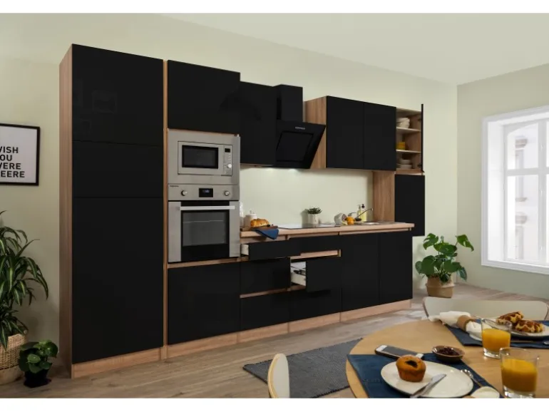 Respekta Premium Küchenzeile Grifflos 385 cm Schwarz Hochglanz-Eiche Sägerau