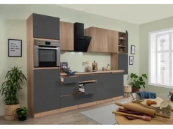 Respekta Premium Küchenzeile GLRP330HESGOES Grifflos 330 cm Grau Eiche Säger. NB