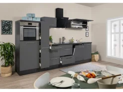 Respekta Premium Küchenzeile 310 cm Hochbau Grau Hochglanz-Eiche Grau