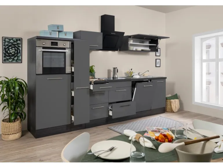 Respekta Premium Küchenzeile 310 cm Hochbau Grau Hochglanz-Eiche Grau