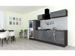 Respekta Premium Küchenzeile 310 cm Hochbau Grau Hochglanz-Eiche Grau