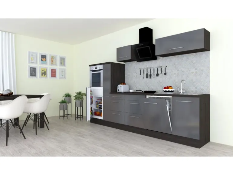 Respekta Premium Küchenzeile 310 cm Hochbau Grau Hochglanz-Eiche Grau