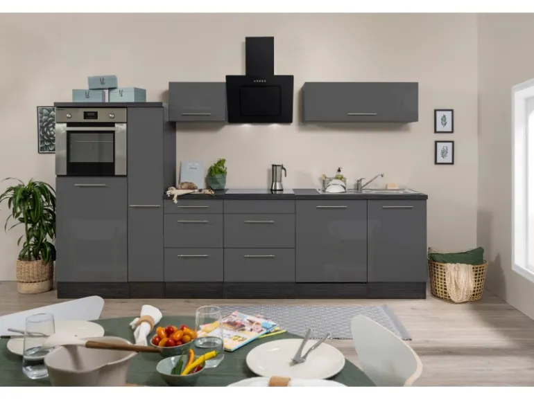 Respekta Premium Küchenzeile 310 cm Hochbau Grau Hochglanz-Eiche Grau