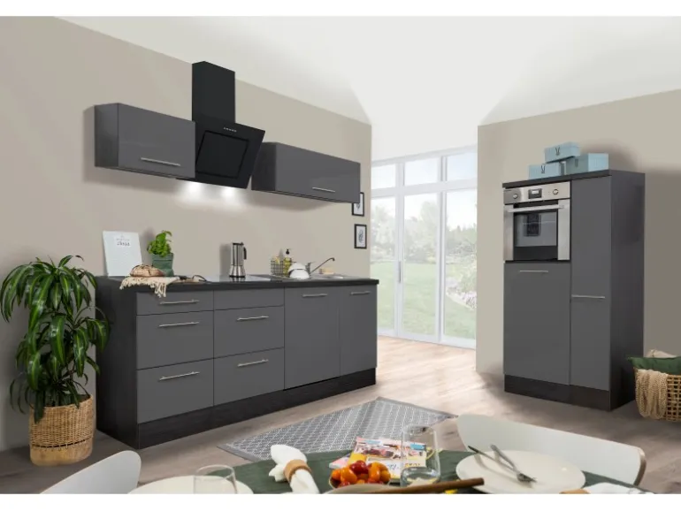 Respekta Premium Küchenzeile 310 cm Hochbau Grau Hochglanz-Eiche Grau