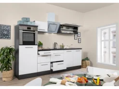 Respekta Premium Küchenzeile 270 cm Hochbau Weiß Hochglanz-Eiche Grau