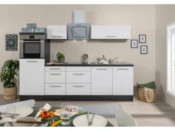 Respekta Premium Küchenzeile 270 cm Hochbau Weiß Hochglanz-Eiche Grau