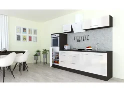 Respekta Premium Küchenzeile 270 cm Hochbau Weiß Hochglanz-Eiche Grau