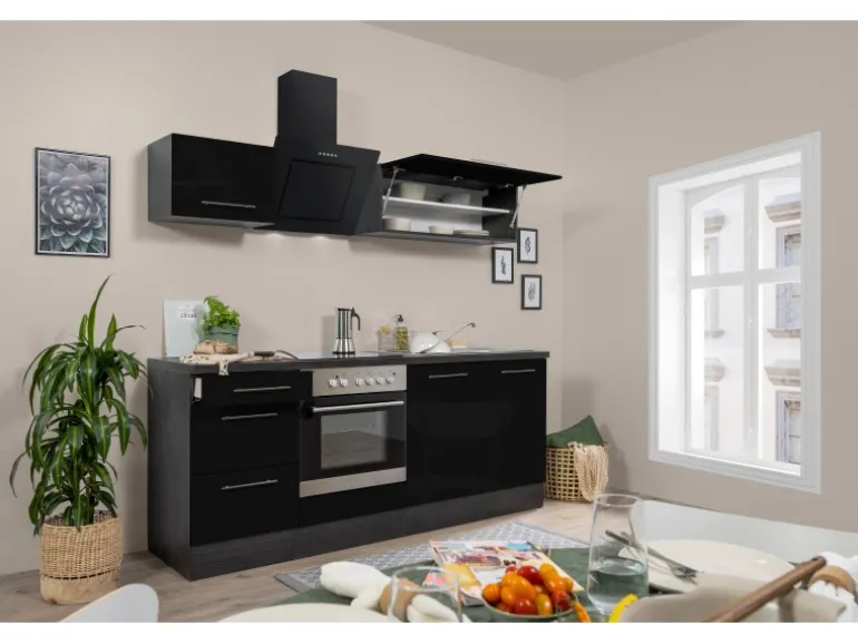 Respekta Premium Küchenzeile 210 cm Schwarz Hochglanz-Eiche Grau