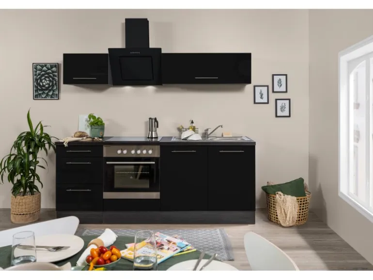 Respekta Premium Küchenzeile 210 cm Schwarz Hochglanz-Eiche Grau