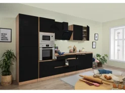 Respekta Premium Küchenzeile Grifflos 345 cm Schwarz Hochglanz-Eiche Sägerau