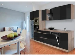 Respekta Premium Küchenzeile Grifflos 345 cm Schwarz Hochglanz-Eiche Sägerau