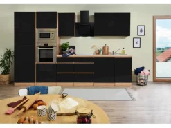 Respekta Premium Küchenzeile Grifflos 345 cm Schwarz Hochglanz-Eiche Sägerau