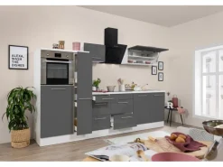 Respekta Premium Küchenzeile 300 cm Hochbau Grau Hochglanz-Weiß