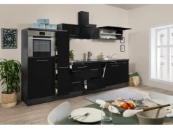Respekta Premium Küchenzeile 310 cm Hochbau Schwarz Hochglanz-Eiche Grau