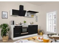 Respekta Premium Küchenzeile 210 cm Schwarz Hochglanz-Weiß