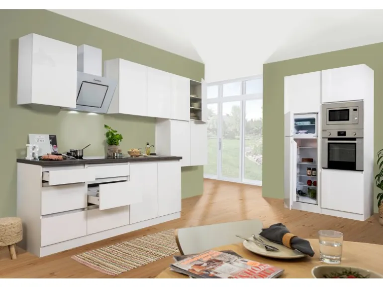 Respekta Premium Küchenzeile Grifflos 435 cm Weiß Hochglanz-Weiß