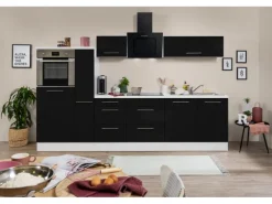 Respekta Premium Küchenzeile 300 cm Hochbau Schwarz Hochglanz-Weiß