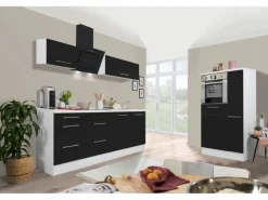 Respekta Premium Küchenzeile 300 cm Hochbau Schwarz Hochglanz-Weiß