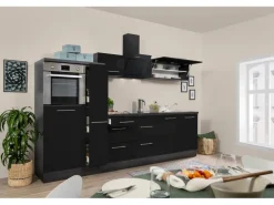 Respekta Premium Küchenzeile 300 cm Hochbau Schwarz Hochglanz-Eiche Grau