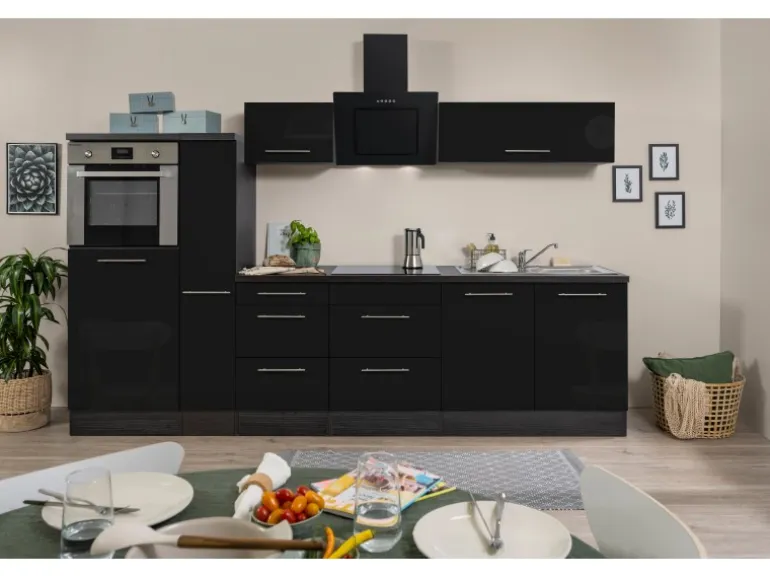 Respekta Premium Küchenzeile 300 cm Hochbau Schwarz Hochglanz-Eiche Grau