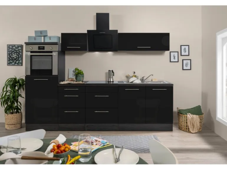 Respekta Premium Küchenzeile 270 cm Hochbau Schwarz Hochglanz-Eiche Grau