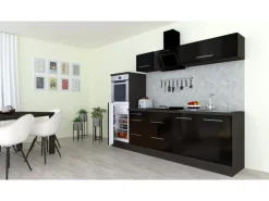 Respekta Premium Küchenzeile 270 cm Hochbau Schwarz Hochglanz-Eiche Grau