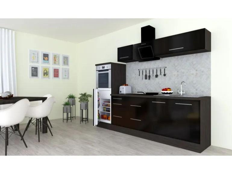 Respekta Premium Küchenzeile 270 cm Hochbau Schwarz Hochglanz-Eiche Grau