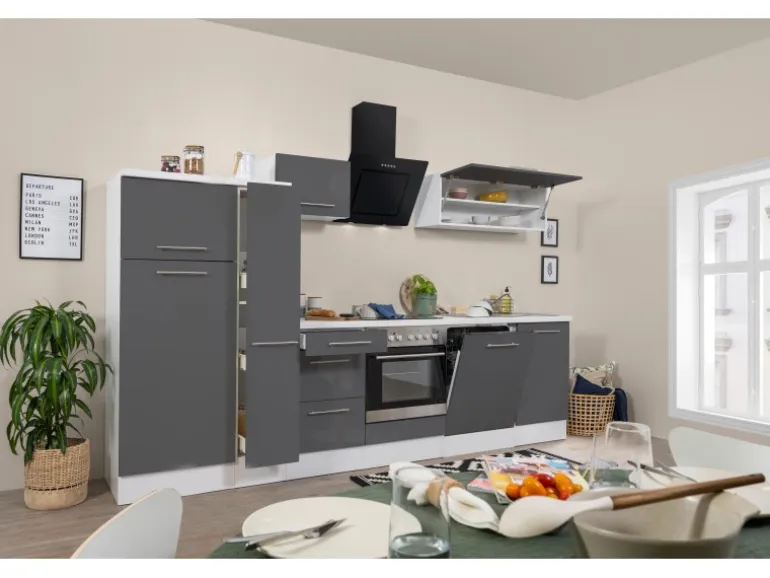 Respekta Premium Küchenzeile 310 cm Grau Hochglanz-Weiß