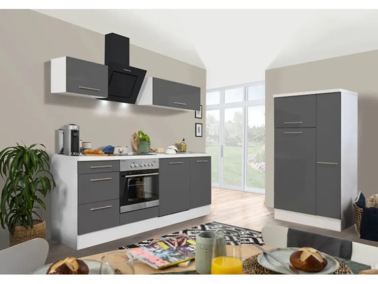 Respekta Premium Küchenzeile 310 cm Grau Hochglanz-Weiß