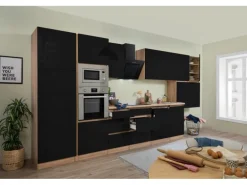 Respekta Premium Küchenzeile Grifflos 445 cm Schwarz Hochglanz-Eiche Sägerau