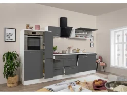 Respekta Premium Küchenzeile 310 cm Hochbau Grau Hochglanz-Weiß