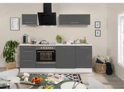 Respekta Premium Küchenzeile 220 cm Grau Hochglanz-Weiß