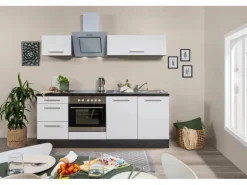 Respekta Premium Küchenzeile 210 cm Weiß Hochglanz-Eiche Grau mit 54 l Ofen