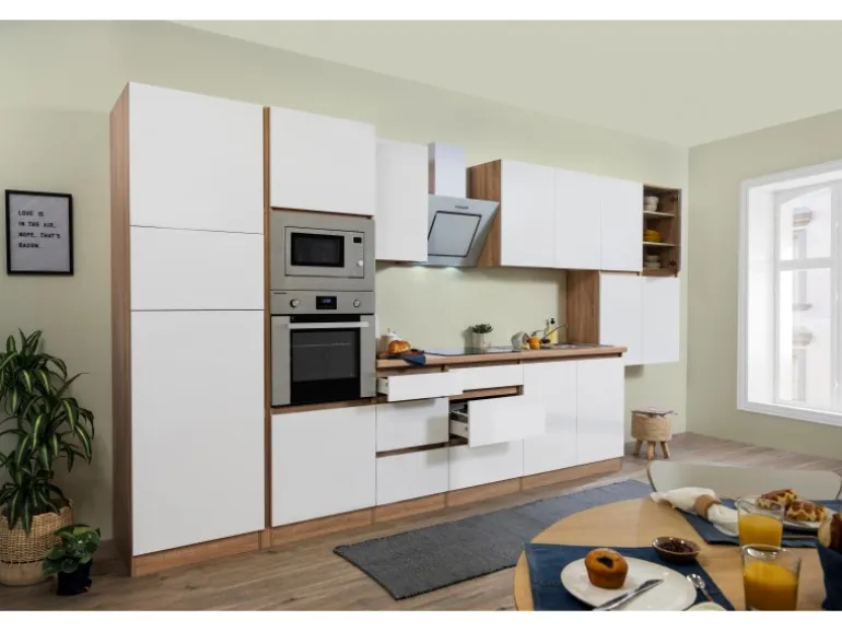 Respekta Premium Küchenzeile Grifflos 435 cm Weiß Matt-Eiche Sägerau