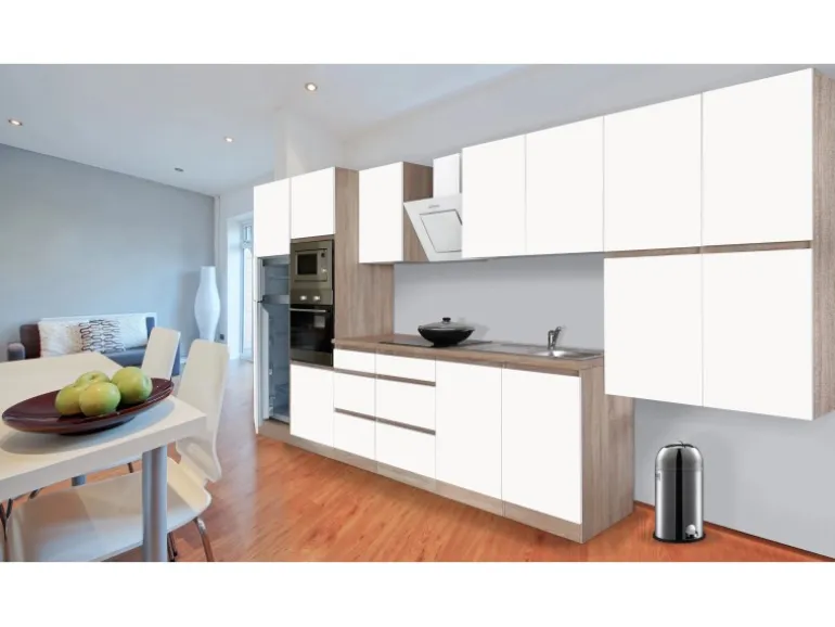 Respekta Premium Küchenzeile Grifflos 435 cm Weiß Matt-Eiche Sägerau