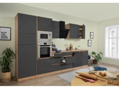 Respekta Premium Küchenzeile Grifflos 345 cm Grau Hochglanz-Eiche Sägerau