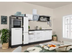 Respekta Premium Küchenzeile 300 cm Hochbau Weiß Hochglanz-Eiche Grau