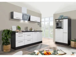 Respekta Premium Küchenzeile 300 cm Hochbau Weiß Hochglanz-Eiche Grau