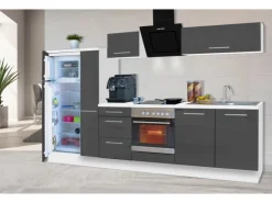 Respekta Premium Küchenzeile 300 cm Grau Hochglanz-Weiß